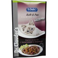 Dr. Clauders Telecí a krůta v omáčce kompletní krmivo s kousky masa pro kočky kapsička 100 g