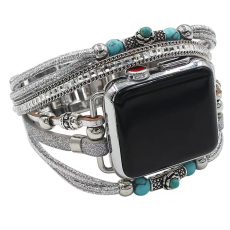 Apple Watch řemínek na hodinky ručně vyráběný Stříbrný + korálky, velikost 38/40/41 mm