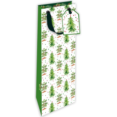 Nekupto Dárková papírová taška na láhev luxusní 13 x 33 cm Vánoční stromečky