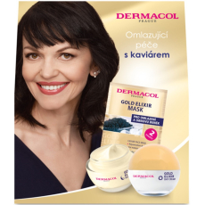 Dermacol Gold Elixír SPF10 omlazující kaviárový denní krém 50 ml + omlazující kaviárový noční krém 50 ml + omlazující maska s kaviárem 2 x 8 g, kosmetická sada pro ženy