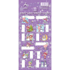 Arch Vánoční etikety samolepky na dárky Prasátko a stromeček, fialový arch 12 etiket