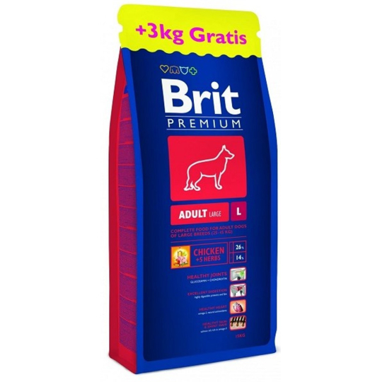 Brit Premium Adult L pro dospělé psy velkých plemen 25-45 kg - 15+3 kg Kompletní prémiové krmivo