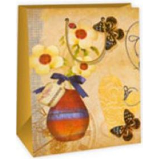 Ditipo Dárková papírová taška 26,4 x 13,6 x 32,7 cm béžová - kytky ve váze motýlci AB