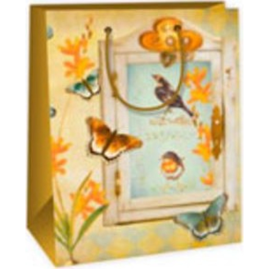 Ditipo Dárková papírová taška 18 x 10 x 22,7 cm béžová - okno, ptáčci, motýlci
