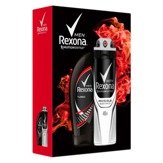 Rexona Men Turbo sprchový gel na tělo i vlasy 250 ml + Motionsense Invisible Black+White antiperspirant deodorant sprej 150 ml, kosmetická sada