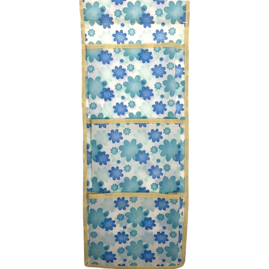 Kapsář na zavěšení látkový modré a tyrkysové květy 44 x 17 cm 3 kapsy 667