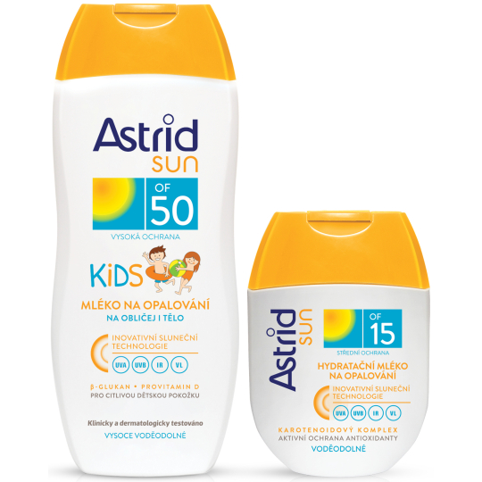 Astrid Sun Kids OF50 mléko na opalování 200 ml + Sun OF15 Hydratační mléko na opalování 80 ml, duopack