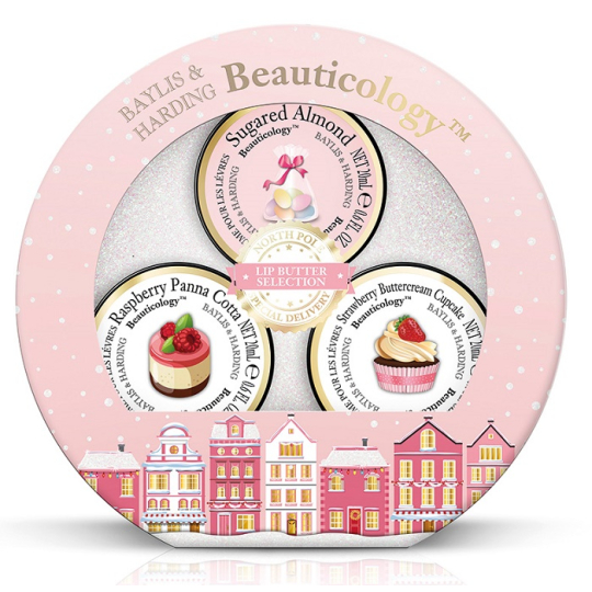Baylis & Harding Jahodový cupcake, Cukrová mandle a Malinová panna Cotta balzám na rty 3 x 20 ml, Růžová kolekce kosmetická sada