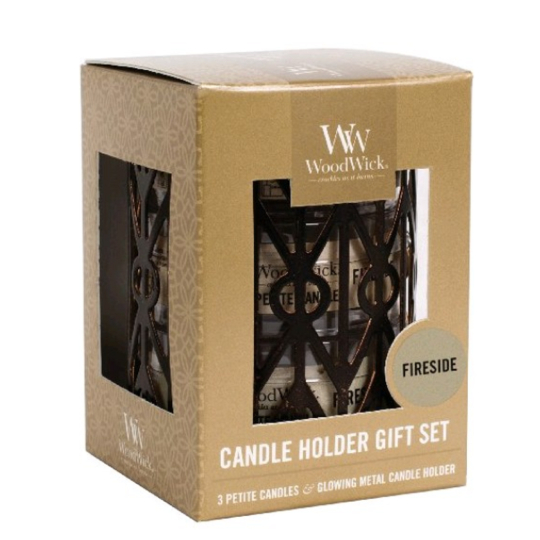 WoodWick Fireside - Oheň v krbu svíčka s dřevěným knotem petite 3 x 31 g + Geometrický svícen dárkový set