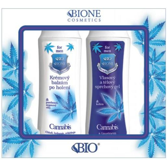 Bione Cosmetics for Men Cannabis Q10 vlasový a tělový sprchový gel 200 ml + krémový balzám po holení 200 ml, kosmetická sada pro muže