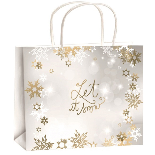 Anděl Dárková papírová taška 23 x 18 x 10 cm vánoční zlatá-bílý pás vloček stříbrná-Let it Snow M horizont