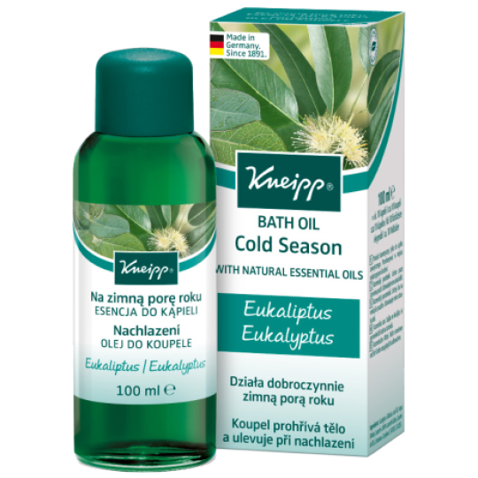 Kneipp Nachlazení olej do koupele, přírodní éterické oleje z eukalyptu a kafrovníku příjemně prohřejí tělo a přinášejí úlevu při nachlazení 100 ml
