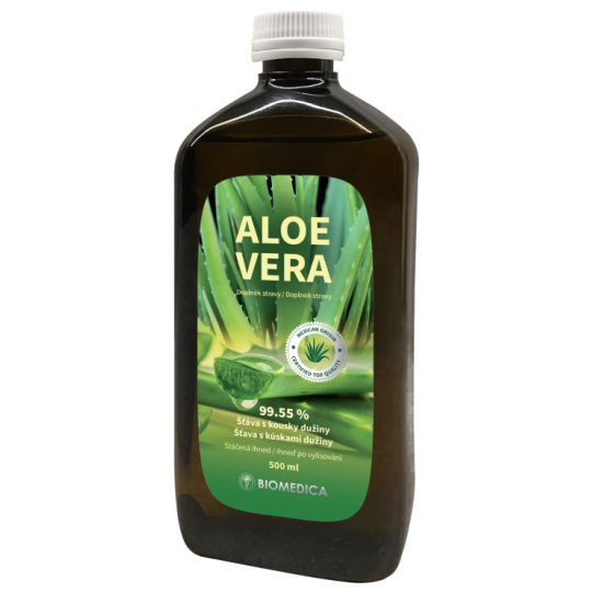 Biomedica Aloe Vera 99,55% přírodní šťáva s kousky dužiny, doplněk stravy 500 ml