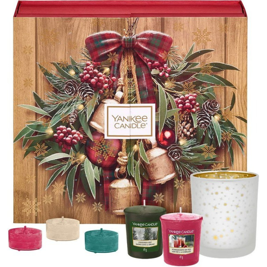 Yankee Candle Adventní kalendář Kniha čajová svíčka 12 kusů + votiv svíčka 12 kusů + svícen, Vánoční dárková sada 2019