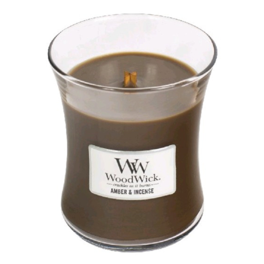 WoodWick Amber & Incense - Ambra a kadidlo vonná svíčka s dřevěným knotem a víčkem sklo střední 275 g