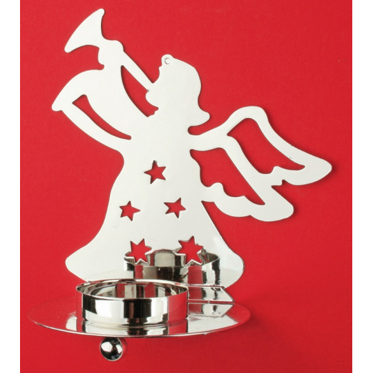 Svícen kovový anděl s trubkou, na čajovou svíčku stříbrný, 12 cm