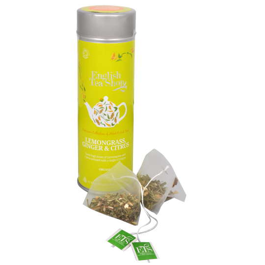 English Tea Shop Bio Citronová tráva, Zázvor a Citrusy 15 kusů bioodbouratelných pyramidek čaje v recyklovatelné plechové dóze 30 g