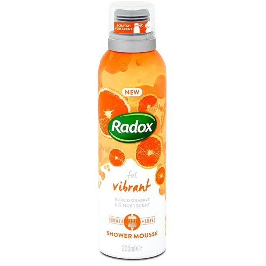 Radox Vibrant Červený pomeranč & Zázvor probouzející sprchová i holicí pěna, intenzivní hydratace, dlouhotrvající aroma 200 ml