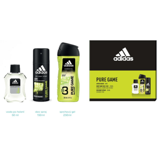 Adidas Pure Game voda po holení 50 ml + 3v1 sprchový gel na tělo, tvář a vlasy 250 ml + deodorant sprej 150 ml, kosmetická sada