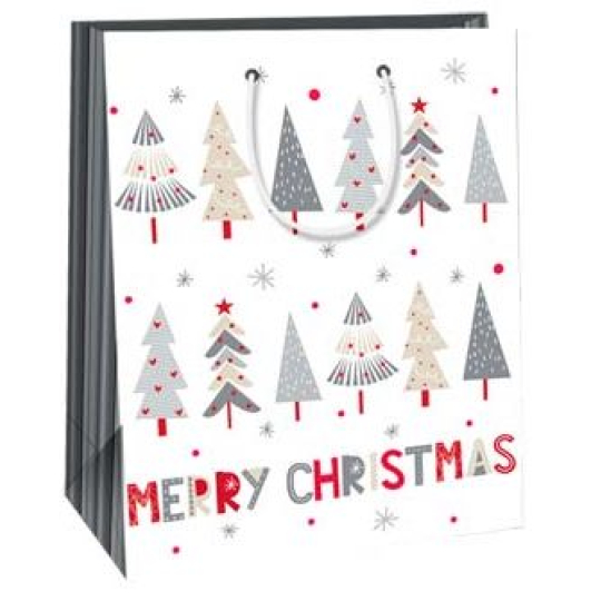 Ditipo Dárková papírová taška 26,4 x 13,6 x 32,7 cm bílá stromečky Merry Christmas AB
