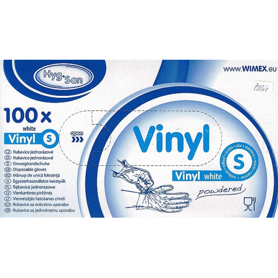 Wimex Rukavice hygienické jednorázové vinylové pudrované bílé, velikost S, box 100 kusů