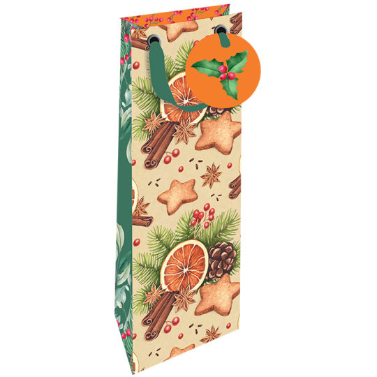 Nekupto Dárková papírová taška na láhev luxusní 13 x 33 cm Vánoční pomeranč, skořice, perníčky, šiška WILH 1981
