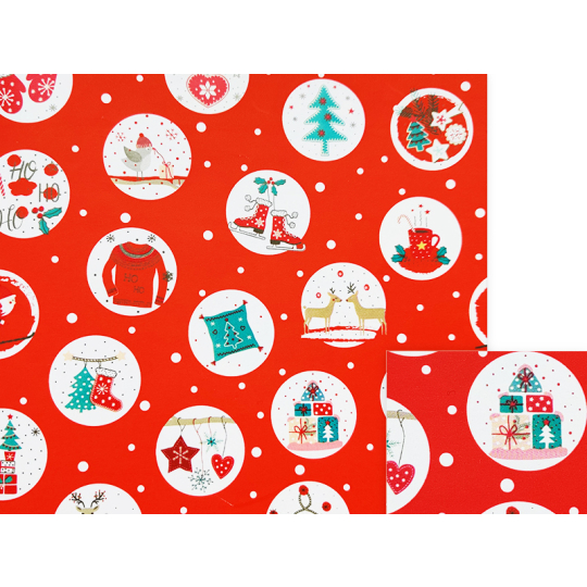 Nekupto Dárkový balicí papír 70 x 200 cm Vánoční červený stromek, brusle, dárky v bílých kolečkách