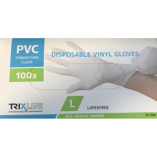 Trixline Rukavice hygienické jednorázové vinylové nepudrované, velikost L, box 100 kusů