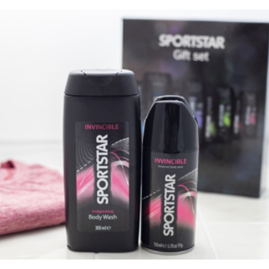 Sportstar Men Invincible sprchový gel 300 ml + deodorant sprej pro muže 150 ml, kosmetická sada