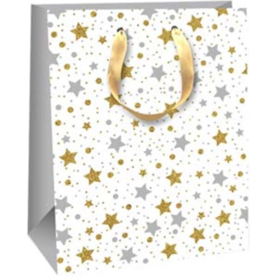 Ditipo Dárková papírová taška 18 x 10 x 22,7 cm Glitter Vánoční bílá - zlaté a stříbrné hvězdičky