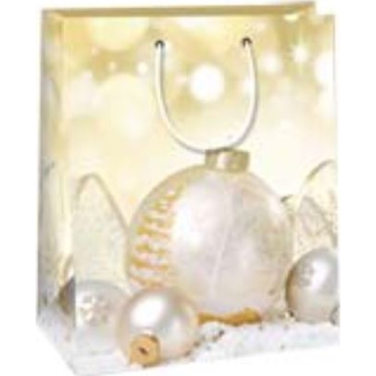 Ditipo Dárková papírová taška 26,4 x 13,6 x 32,7 cm Vánoční zlatá - bílé baňky