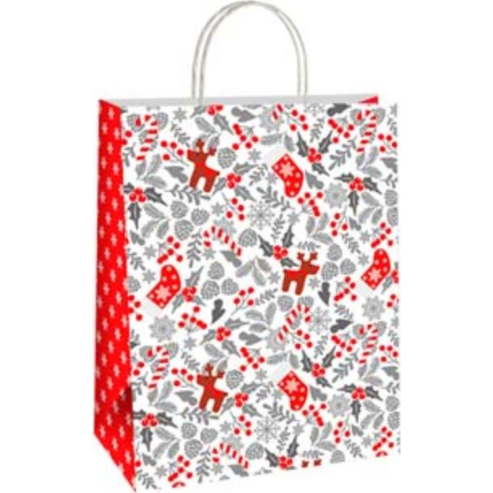 Ditipo Dárková papírová taška 22 x 10 x 29 cm EKO Vánoční bíločervená - červení sobi, punčochy a šedé jmelí, větvičky