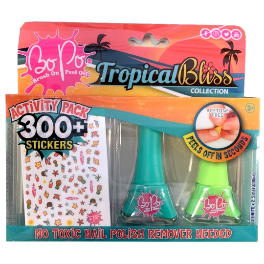 Bo-Po Tropical Bliss lak na nehty slupovací zelený 2,5 ml + lak na nehty slupovací světle zelený 2,5 ml + nálepky na nehty, kosmetická sada pro děti