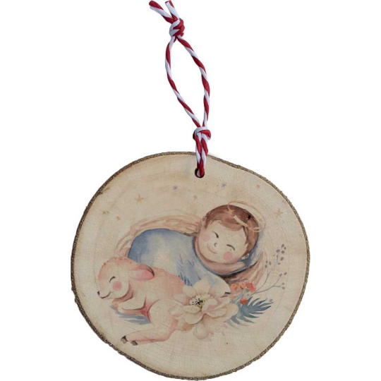 Bohemia Gifts Ručně vyráběná vánoční ozdoba dřevěná Ježíšek s beránkem 6 cm