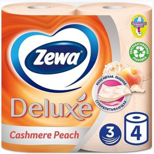 Zewa Deluxe Aqua Tube Cashmere Peach parfémovaný toaletní papír 3 vrstvý 150 útržků 4 kusy, rolička, kterou můžete spláchnout