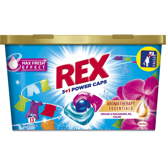 Rex 3 + 1 Power Caps Aromatherapy Orchid & Macadamia Oil kapsle na praní na barevné a tmavé prádlo 13 dávek
