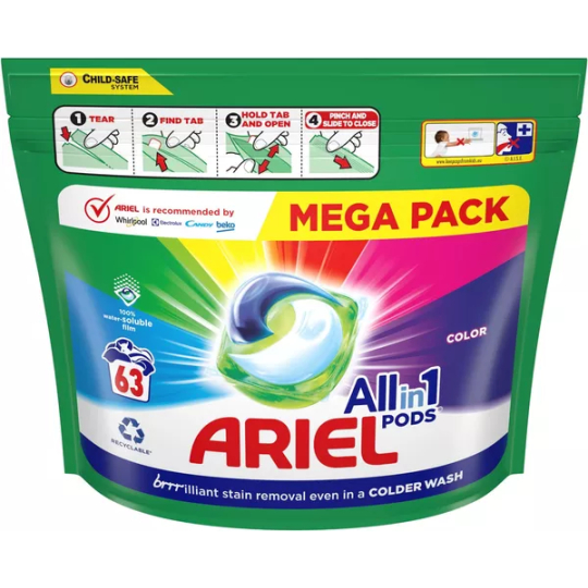 Ariel All-in-1 Pods Color gelové kapsle na barevné prádlo 63 kusů