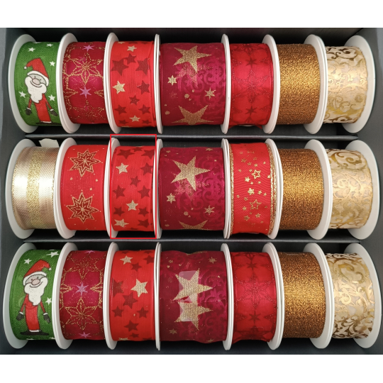 Nekupto Stuha látková vánoční Červená zlaté a tmavě červené hvězdičky 25 mm x 2,5 m