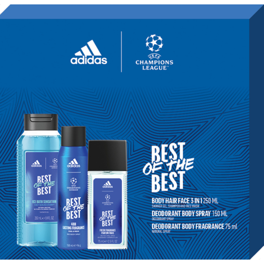 Adidas UEFA Champions League Best of The Best parfémovaný deodorant sklo 75 ml + sprchový gel 250 ml + deodorant sprej 150 ml, kosmetická sada pro muže