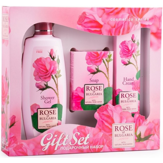 Rose of Bulgaria sprchový gel s růžovou vodou 330 ml + toaletní mýdlo s růží 100 g + krém na ruce s růžovou vodou 75 ml, kosmetická sada pro ženy