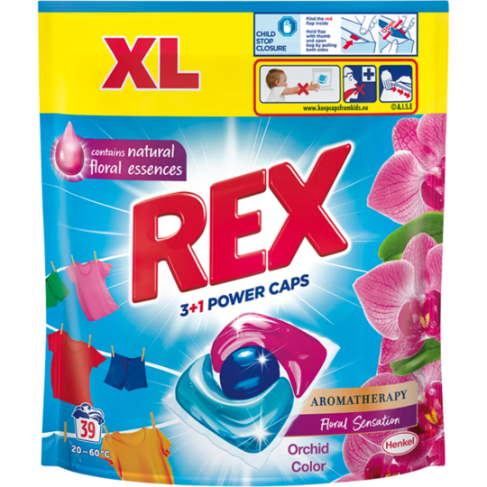 Rex 3 + 1 Power Caps Aromatherapy Orchid & Macadamia Oil kapsle na praní na barevné a tmavé prádlo 39 dávek