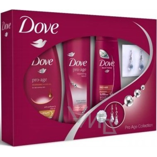 Dove Pro Age sprchový gel 250 ml + šampon 250 ml + tělové mléko 250 ml + náušnice, kosmetická sada