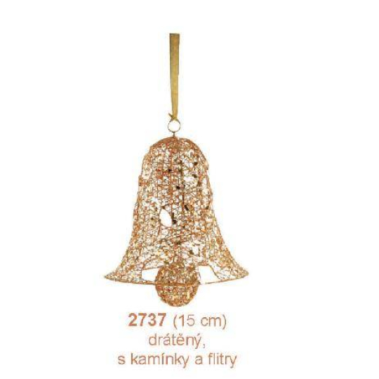Zvon drátěný, zlatý s kamínky a flitry závěsný 15 cm