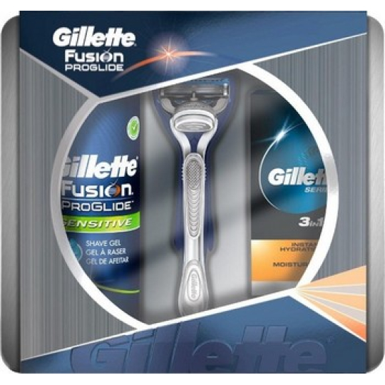 Gillette Fusion ProGlide strojek + náhradní hlavice 1 kus + gel 200 ml + balzám 50 ml, kosmetická sada, pro muže