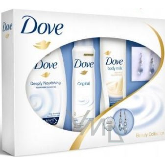 Dove Original deodorant sprej 150 ml + sprchový gel 250 ml + tělové mléko250 ml + náušnice, kosmetická sada
