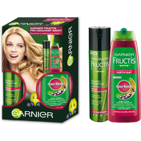 Garnier Fructis Odolnost barvy šampon 250 ml + lak na vlasy 250 ml, kosmetická sada pro ženy