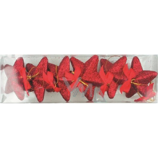 Hvězdičky s mašličkou a glitry červené na zavěšení 6 cm 6 kusů