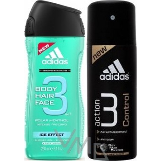 Adidas Ice Effect 3v1 sprchový gel na tělo, vlasy a tvář pro muže 250 ml + 3 Control antiperspirant deodorant sprej 150 ml, kosmetická sada