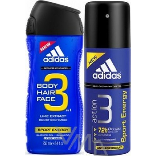 Adidas Sport Energy 3v1 sprchový gel na tělo, vlasy a tvář pro muže 250 ml + antiperspirant deodorant sprej 150 ml, kosmetická sada