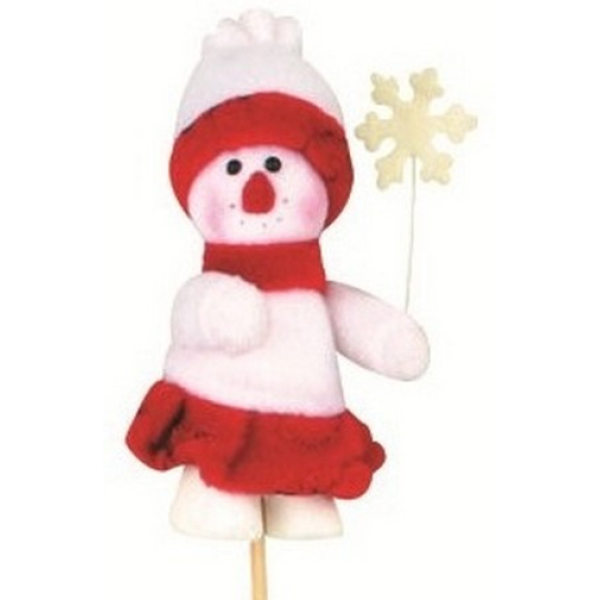Sněhulačka s vločkou červená figurka zápich 10 cm + špejle